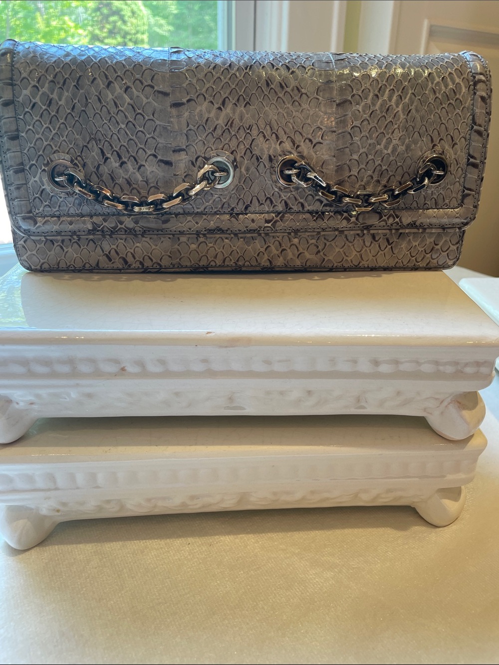 Judith Leiber python Grey clutch Decorated silver tone chain in the front